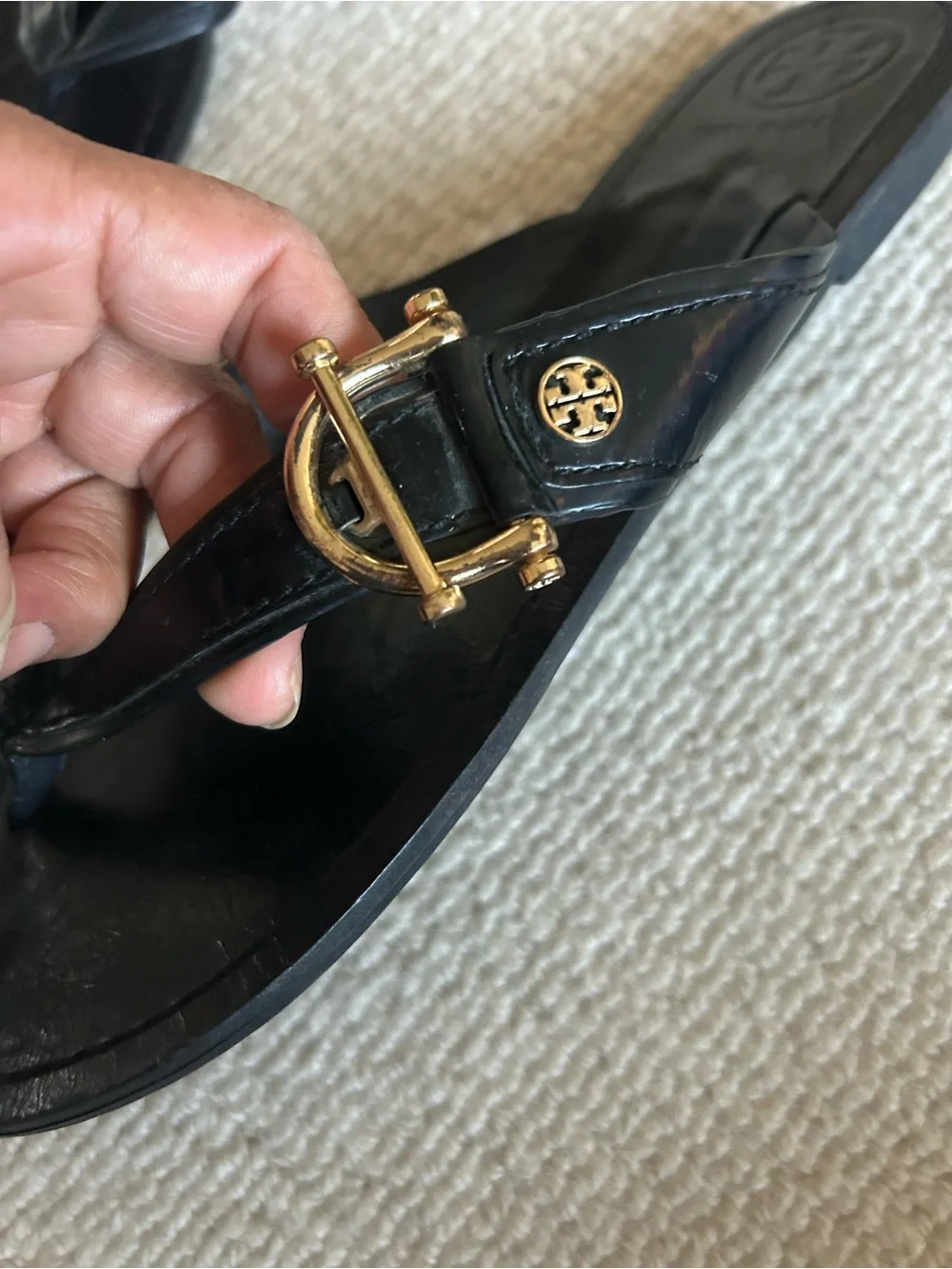 Tory Burch Black Patent Leather Thong Sandals with Gold Accent